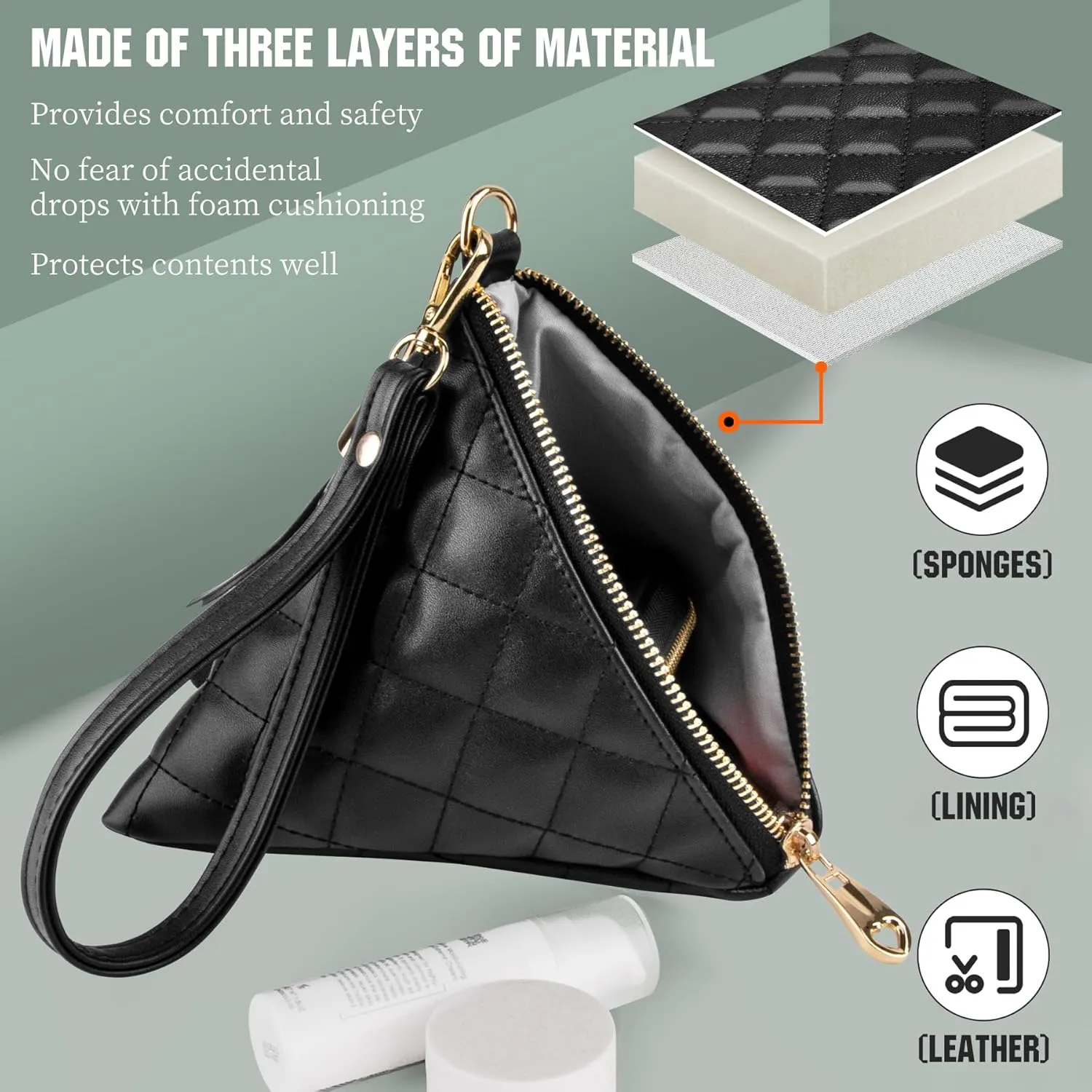 Leather Triangle Wristlet Clutch Purse Handbag - Cool Pyramid Evening Cocktail Pouch Wallet Detachable Strap & Tassel Charm