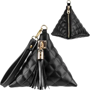 Leather Triangle Wristlet Clutch Purse Handbag - Cool Pyramid Evening Cocktail Pouch Wallet Detachable Strap & Tassel Charm