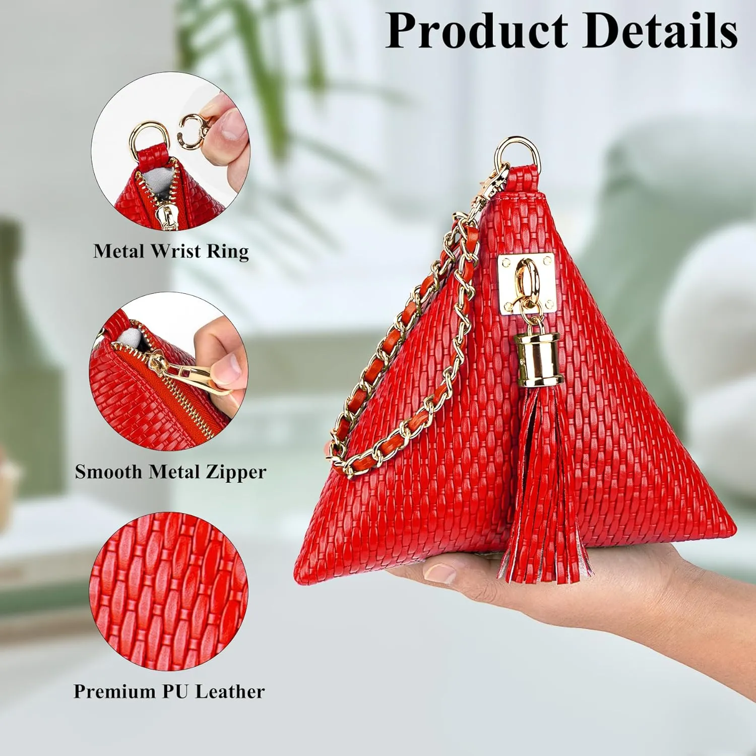 Leather Triangle Wristlet Clutch Purse Handbag - Pyramid Evening Cocktail Pouch Wallet Detachable Strap & Tassel Charm