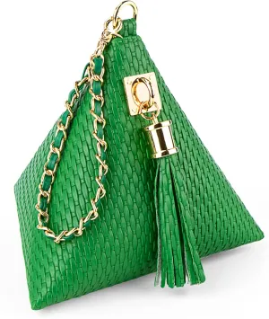 Leather Triangle Wristlet Clutch Purse Handbag - Pyramid Evening Cocktail Pouch Wallet Detachable Strap & Tassel Charm
