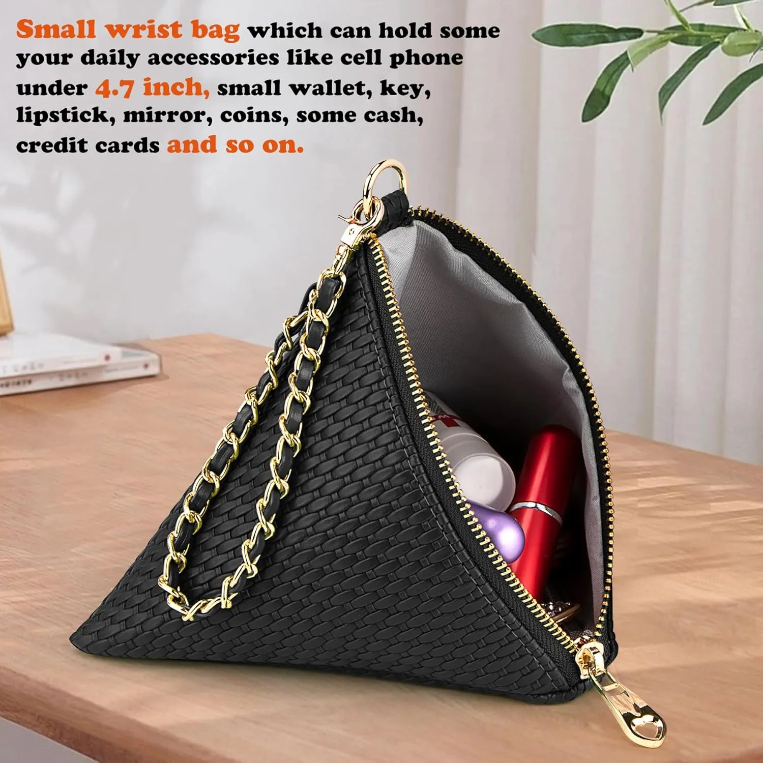 Leather Triangle Wristlet Clutch Purse Handbag - Pyramid Evening Cocktail Pouch Wallet Detachable Strap & Tassel Charm
