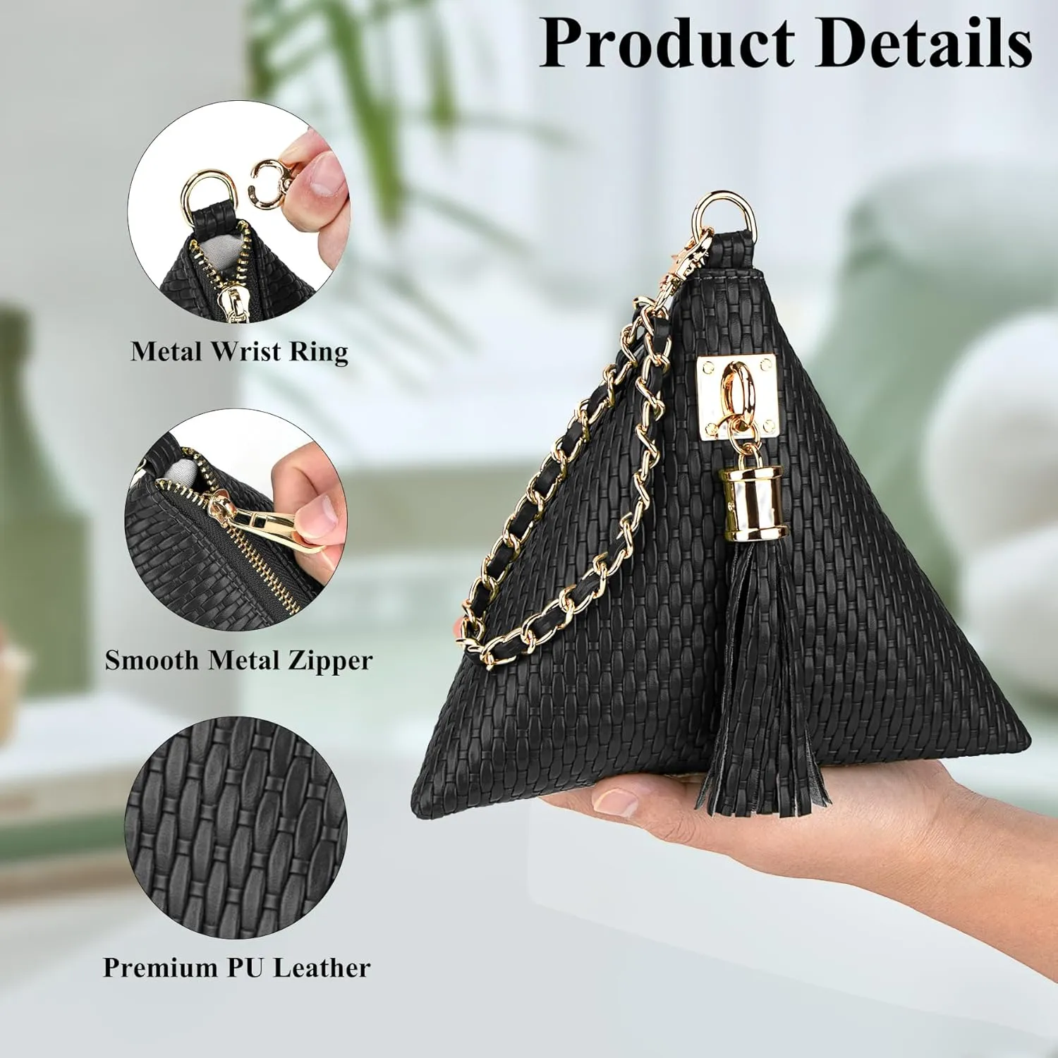 Leather Triangle Wristlet Clutch Purse Handbag - Pyramid Evening Cocktail Pouch Wallet Detachable Strap & Tassel Charm