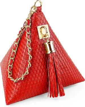 Leather Triangle Wristlet Clutch Purse Handbag - Pyramid Evening Cocktail Pouch Wallet Detachable Strap & Tassel Charm