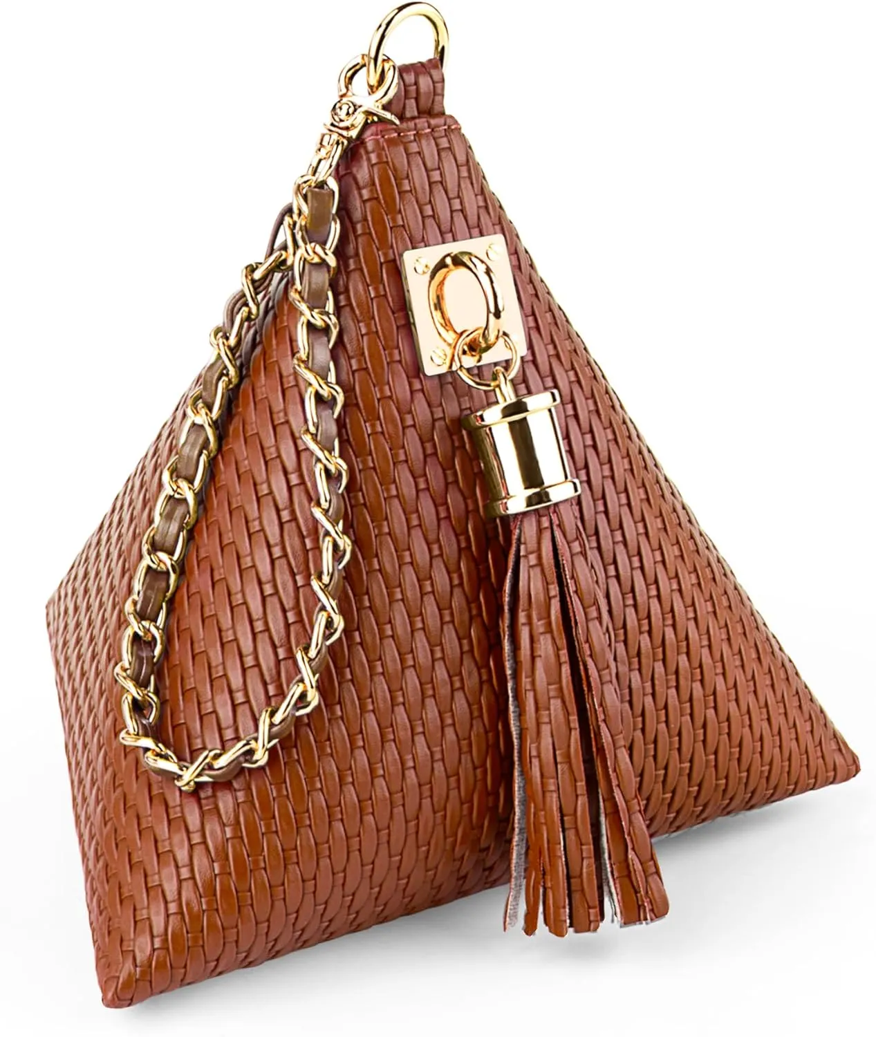 Leather Triangle Wristlet Clutch Purse Handbag - Pyramid Evening Cocktail Pouch Wallet Detachable Strap & Tassel Charm