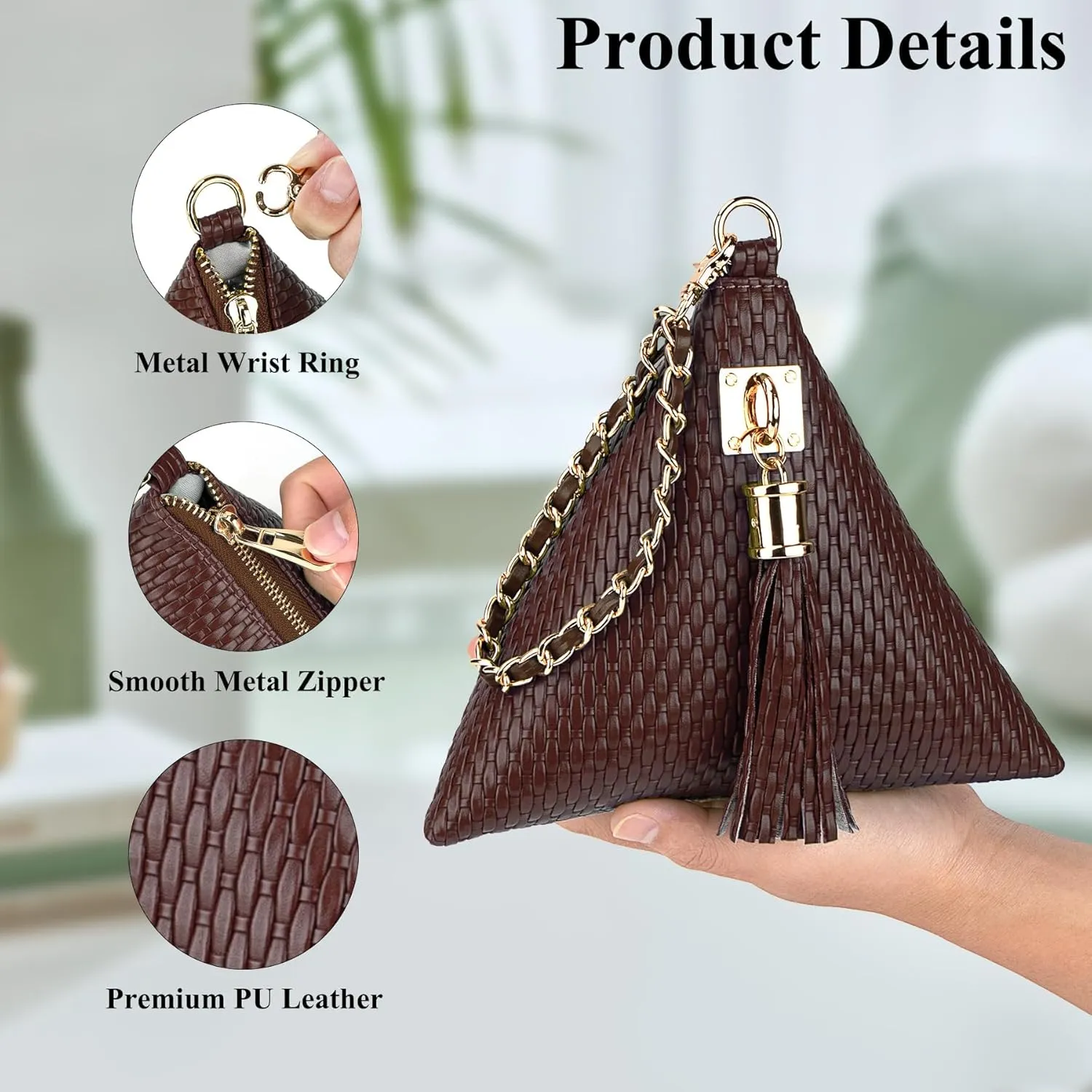 Leather Triangle Wristlet Clutch Purse Handbag - Pyramid Evening Cocktail Pouch Wallet Detachable Strap & Tassel Charm