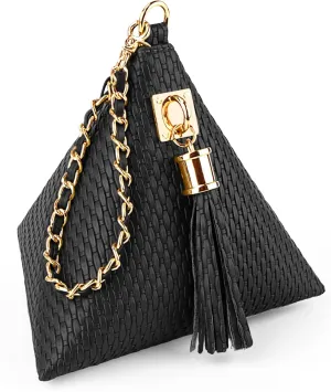 Leather Triangle Wristlet Clutch Purse Handbag - Pyramid Evening Cocktail Pouch Wallet Detachable Strap & Tassel Charm
