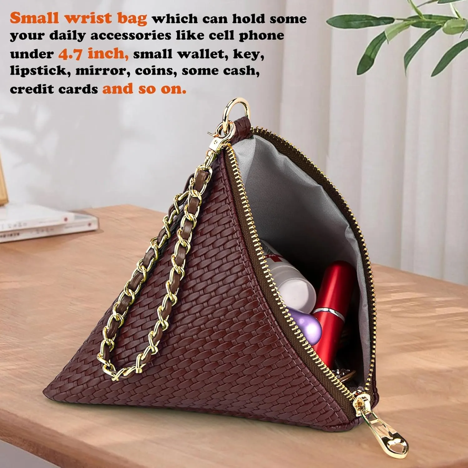 Leather Triangle Wristlet Clutch Purse Handbag - Pyramid Evening Cocktail Pouch Wallet Detachable Strap & Tassel Charm