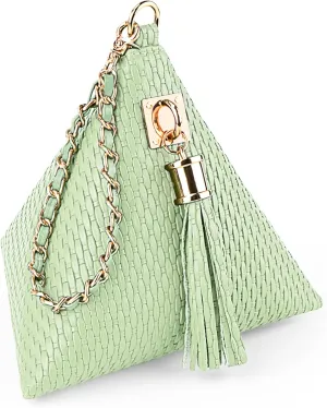 Leather Triangle Wristlet Clutch Purse Handbag - Pyramid Evening Cocktail Pouch Wallet Detachable Strap & Tassel Charm