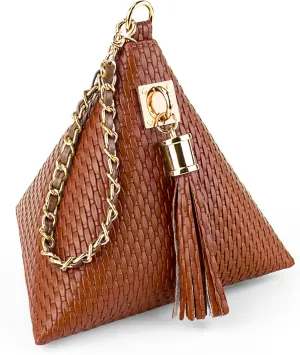Leather Triangle Wristlet Clutch Purse Handbag - Pyramid Evening Cocktail Pouch Wallet Detachable Strap & Tassel Charm