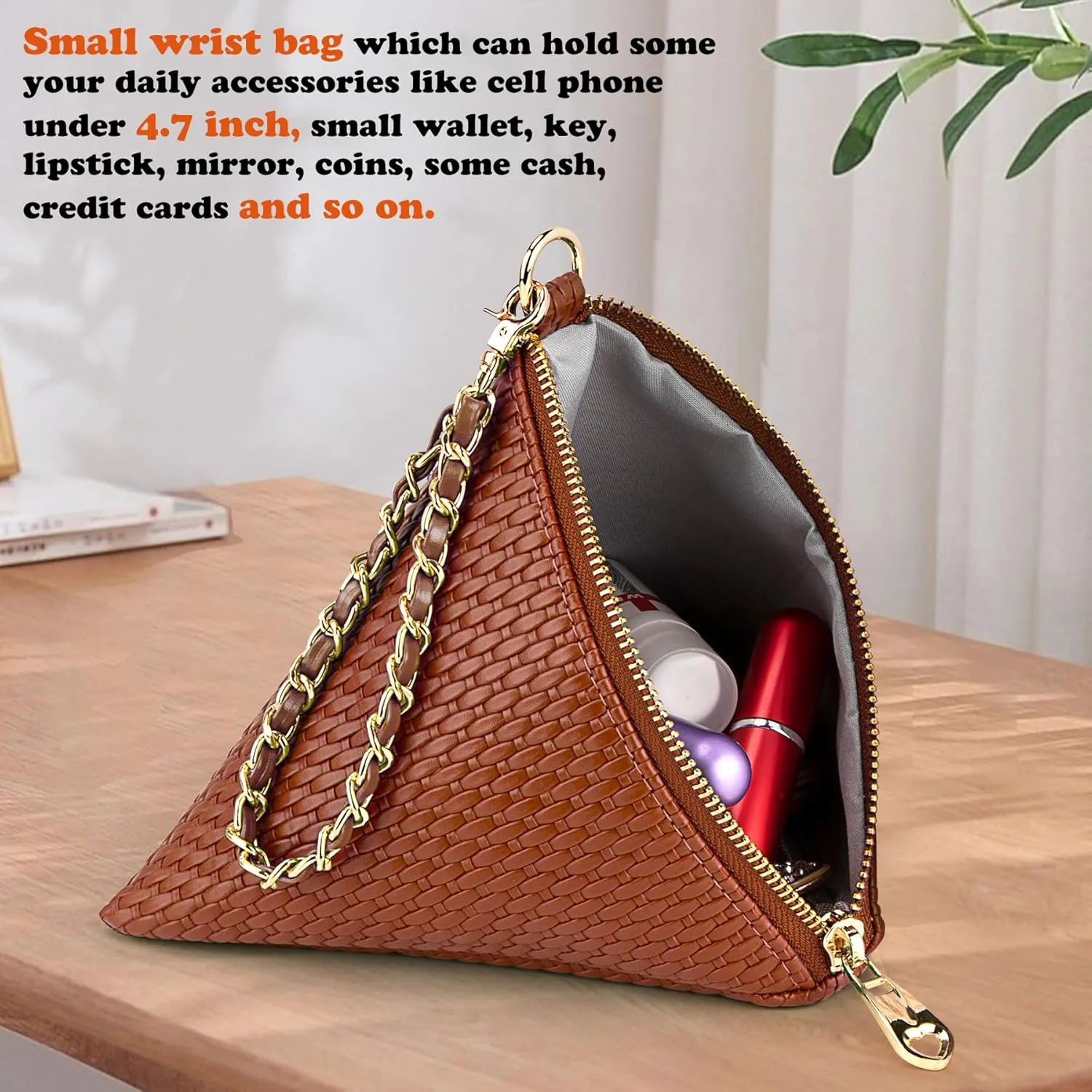 Leather Triangle Wristlet Clutch Purse Handbag - Pyramid Evening Cocktail Pouch Wallet Detachable Strap & Tassel Charm