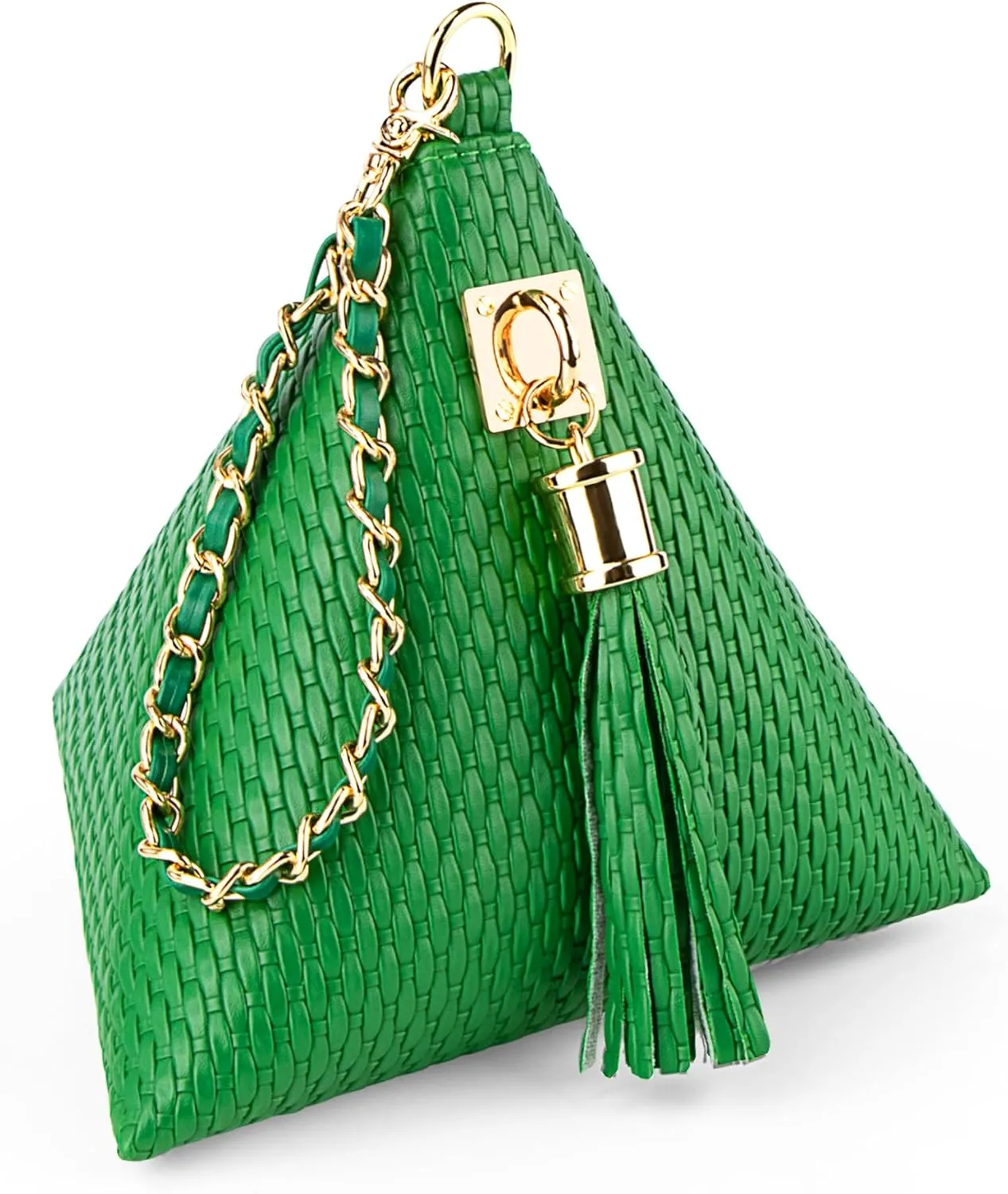 Leather Triangle Wristlet Clutch Purse Handbag - Pyramid Evening Cocktail Pouch Wallet Detachable Strap & Tassel Charm