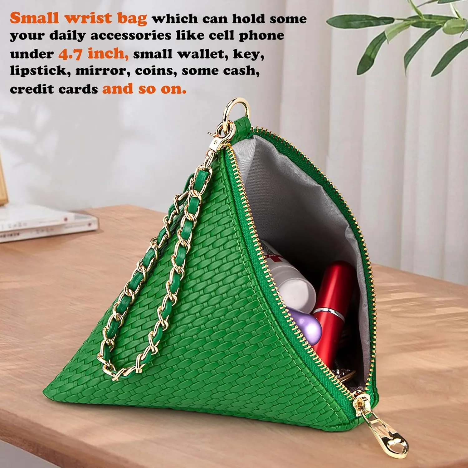 Leather Triangle Wristlet Clutch Purse Handbag - Pyramid Evening Cocktail Pouch Wallet Detachable Strap & Tassel Charm