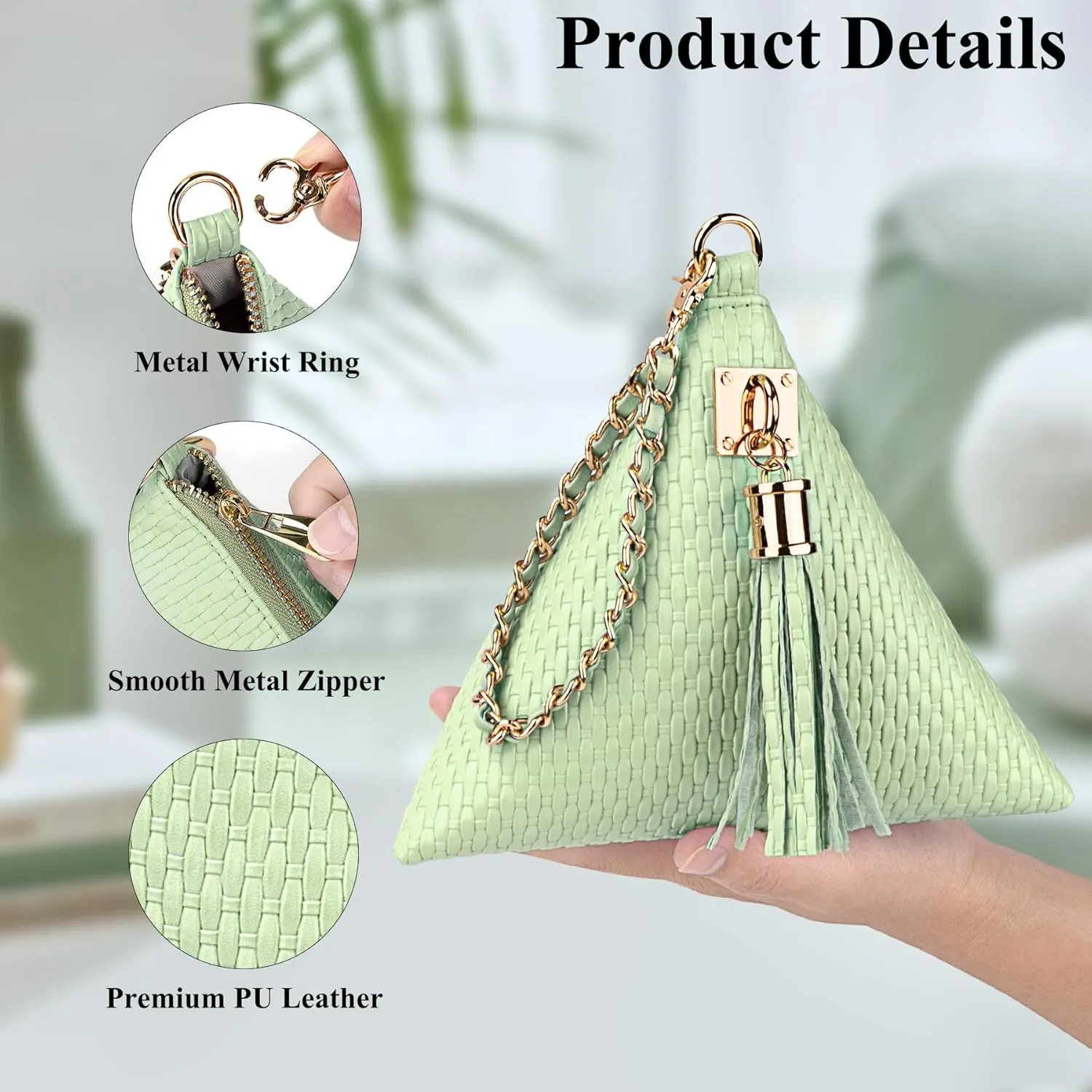 Leather Triangle Wristlet Clutch Purse Handbag - Pyramid Evening Cocktail Pouch Wallet Detachable Strap & Tassel Charm