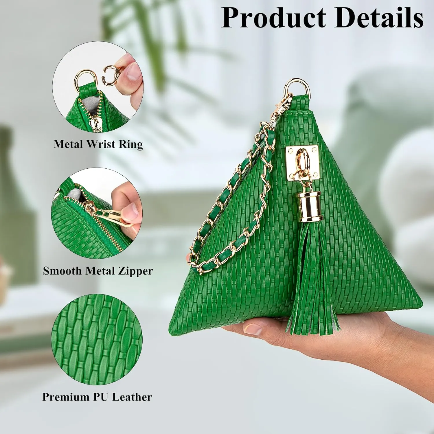 Leather Triangle Wristlet Clutch Purse Handbag - Pyramid Evening Cocktail Pouch Wallet Detachable Strap & Tassel Charm