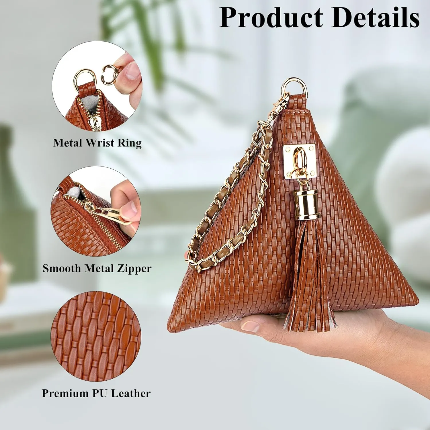 Leather Triangle Wristlet Clutch Purse Handbag - Pyramid Evening Cocktail Pouch Wallet Detachable Strap & Tassel Charm