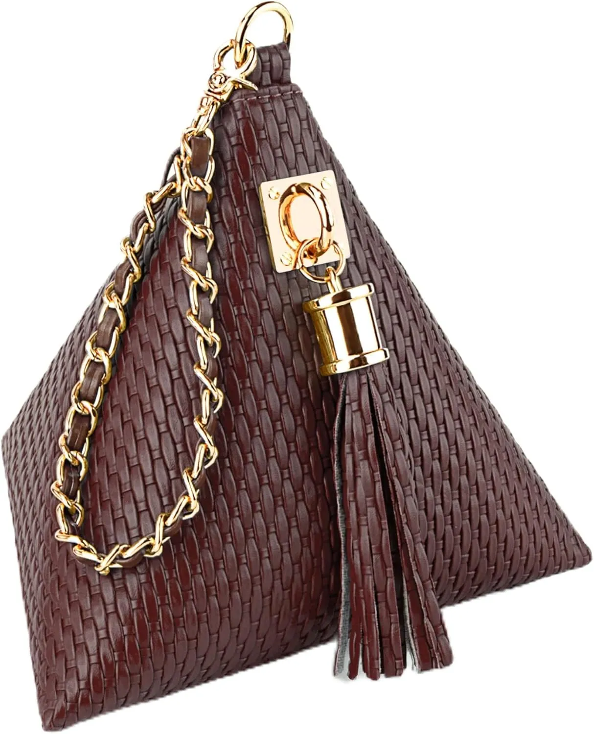Leather Triangle Wristlet Clutch Purse Handbag - Pyramid Evening Cocktail Pouch Wallet Detachable Strap & Tassel Charm