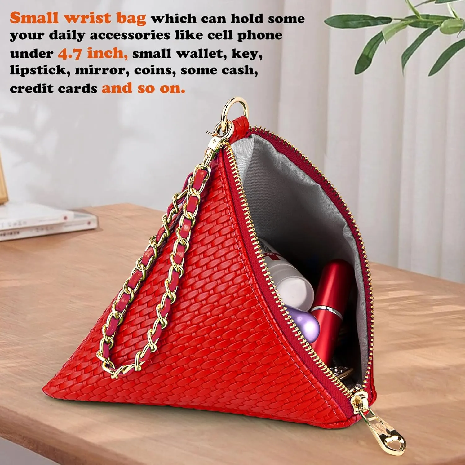 Leather Triangle Wristlet Clutch Purse Handbag - Pyramid Evening Cocktail Pouch Wallet Detachable Strap & Tassel Charm