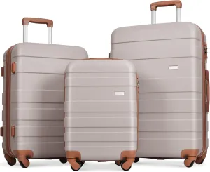 Lightweight Durable ABS Luggage Sets 3pc Spinner Suitcase with TSA Lock - 20" 24" 28" (Light Brown)