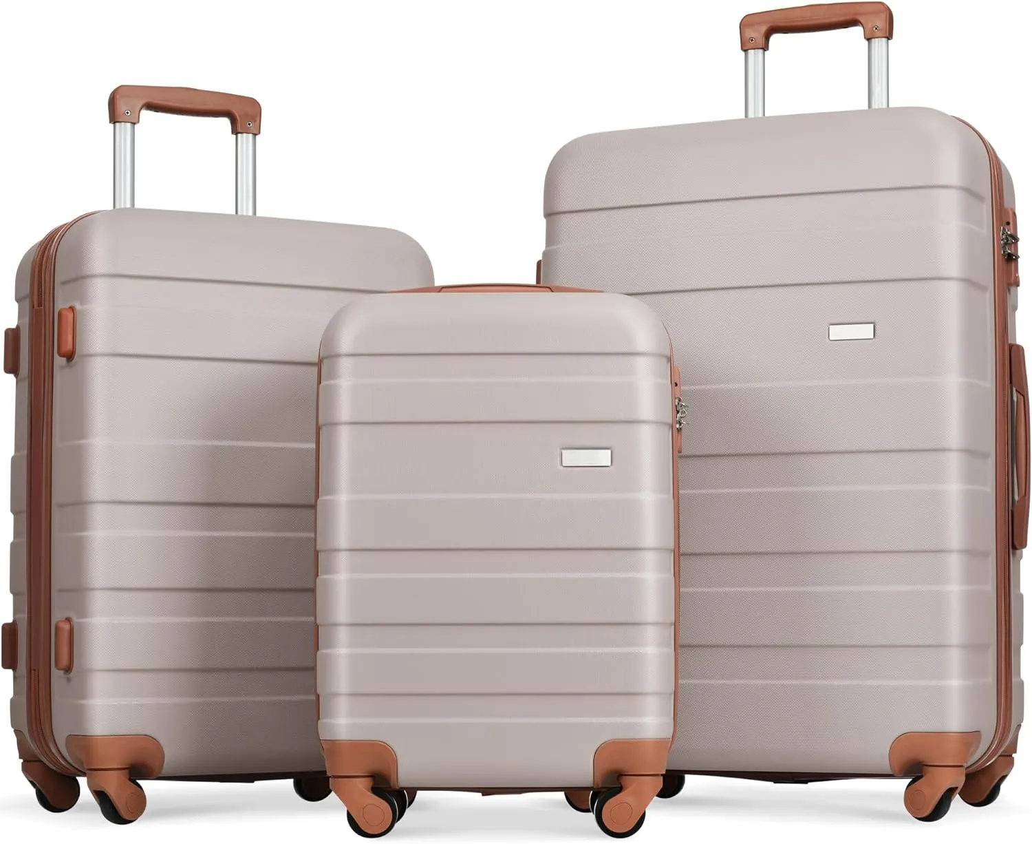 Lightweight Durable ABS Luggage Sets 3pc Spinner Suitcase with TSA Lock - 20" 24" 28" (Light Brown)