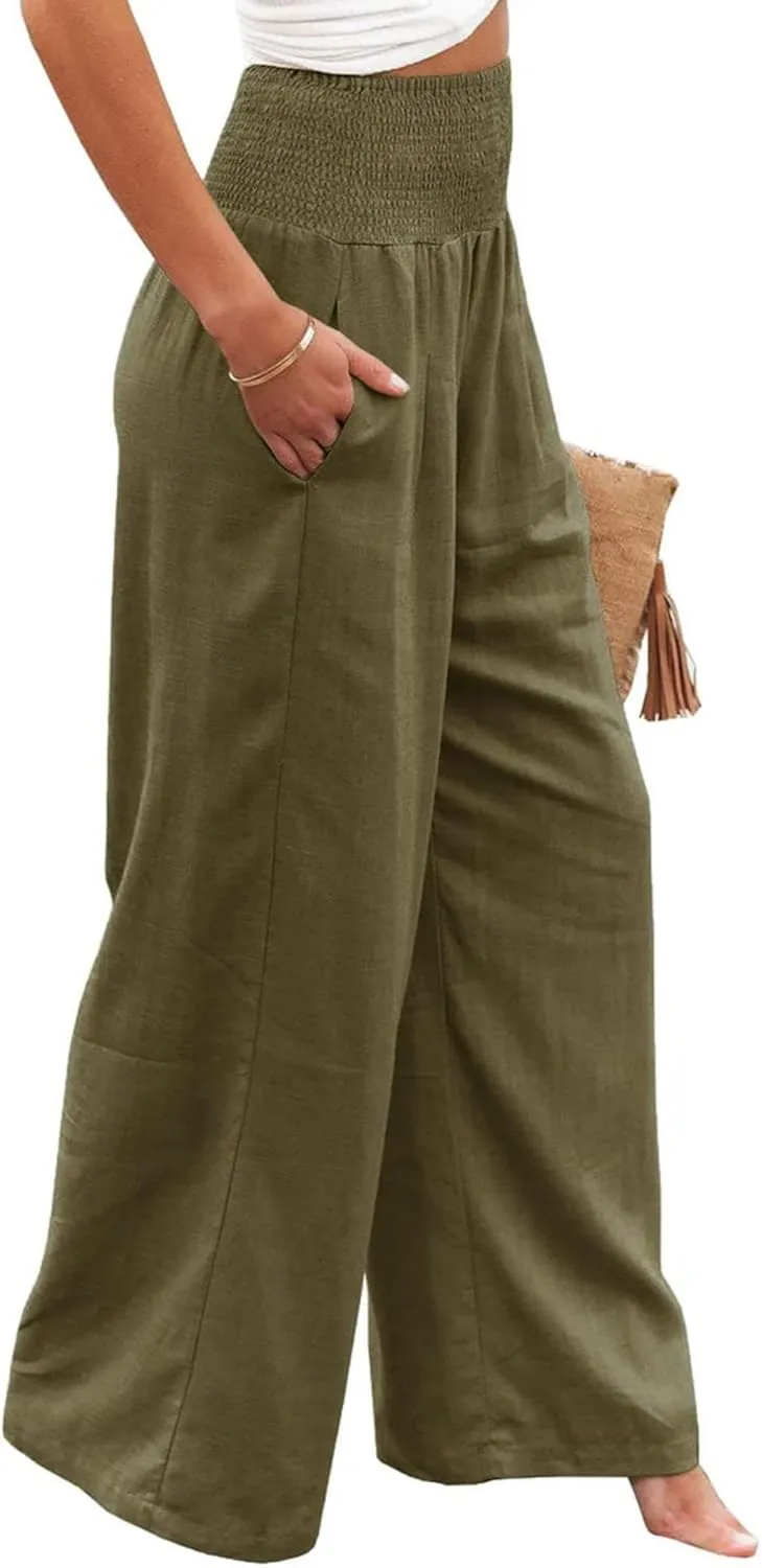 Linen Palazzo Pants for Women High-Waisted Wide Leg Pant Beach Lounge Trousers Summer Casual Flowy Pants with Pockets
