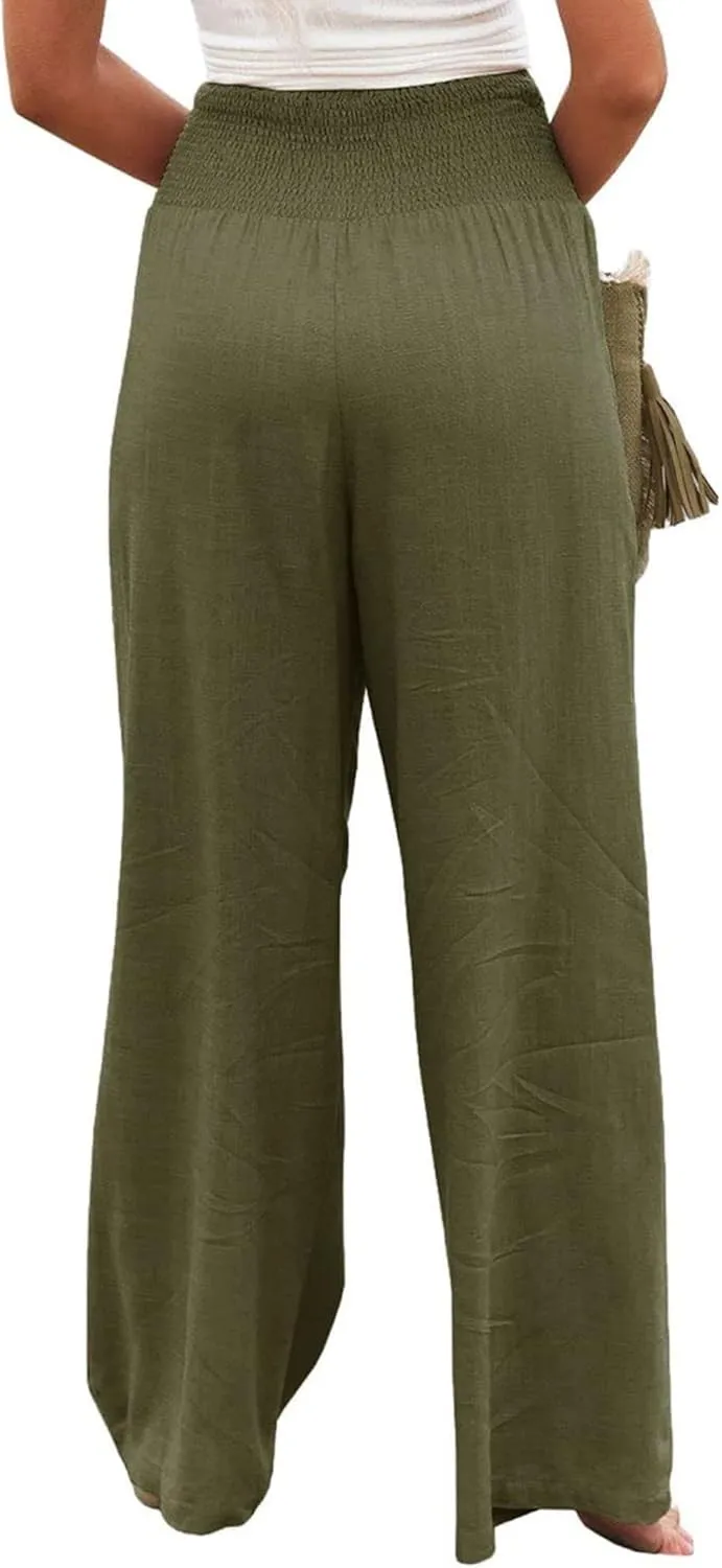 Linen Palazzo Pants for Women High-Waisted Wide Leg Pant Beach Lounge Trousers Summer Casual Flowy Pants with Pockets