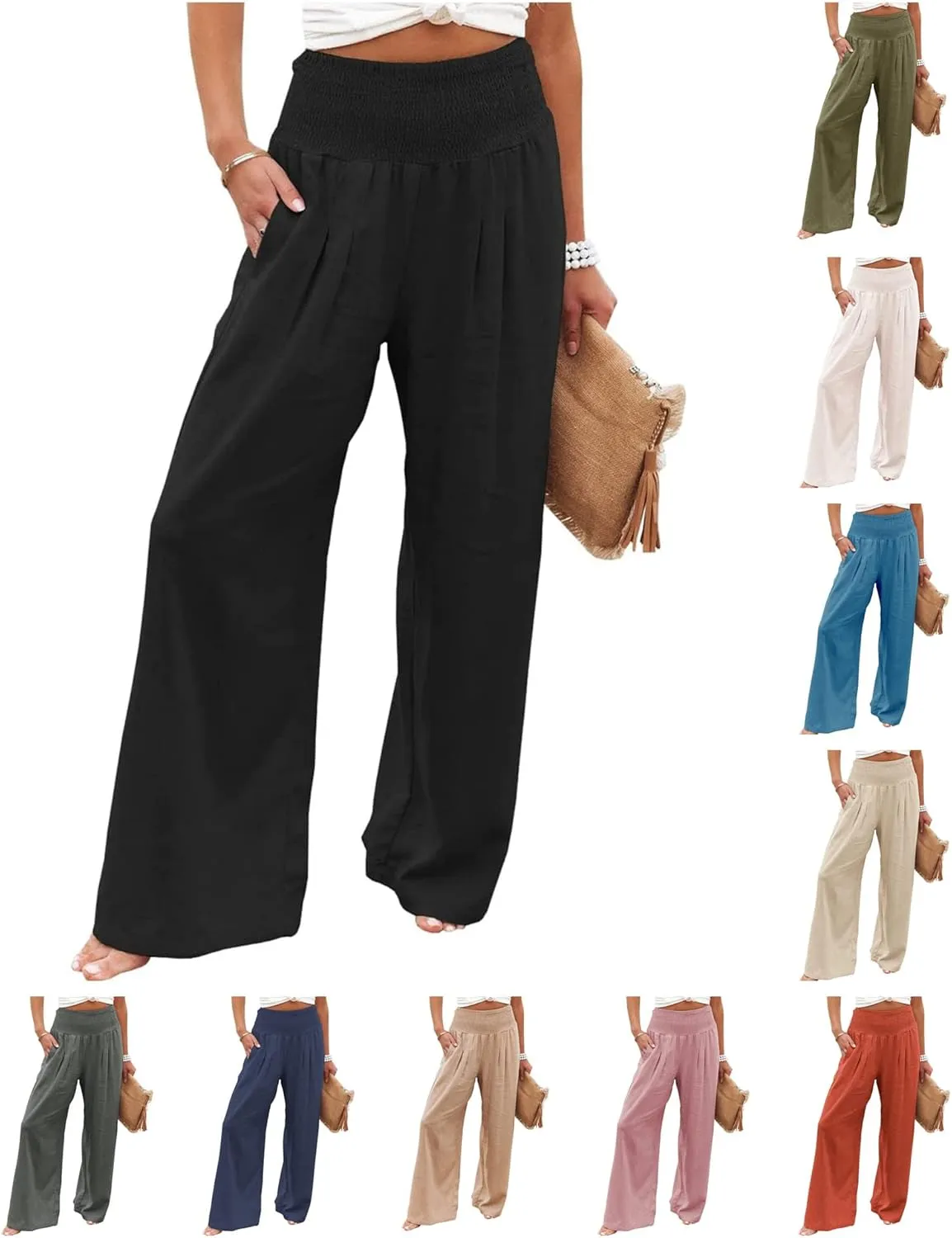 Linen Palazzo Pants for Women High-Waisted Wide Leg Pant Beach Lounge Trousers Summer Casual Flowy Pants with Pockets