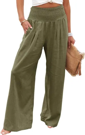 Linen Palazzo Pants for Women High-Waisted Wide Leg Pant Beach Lounge Trousers Summer Casual Flowy Pants with Pockets