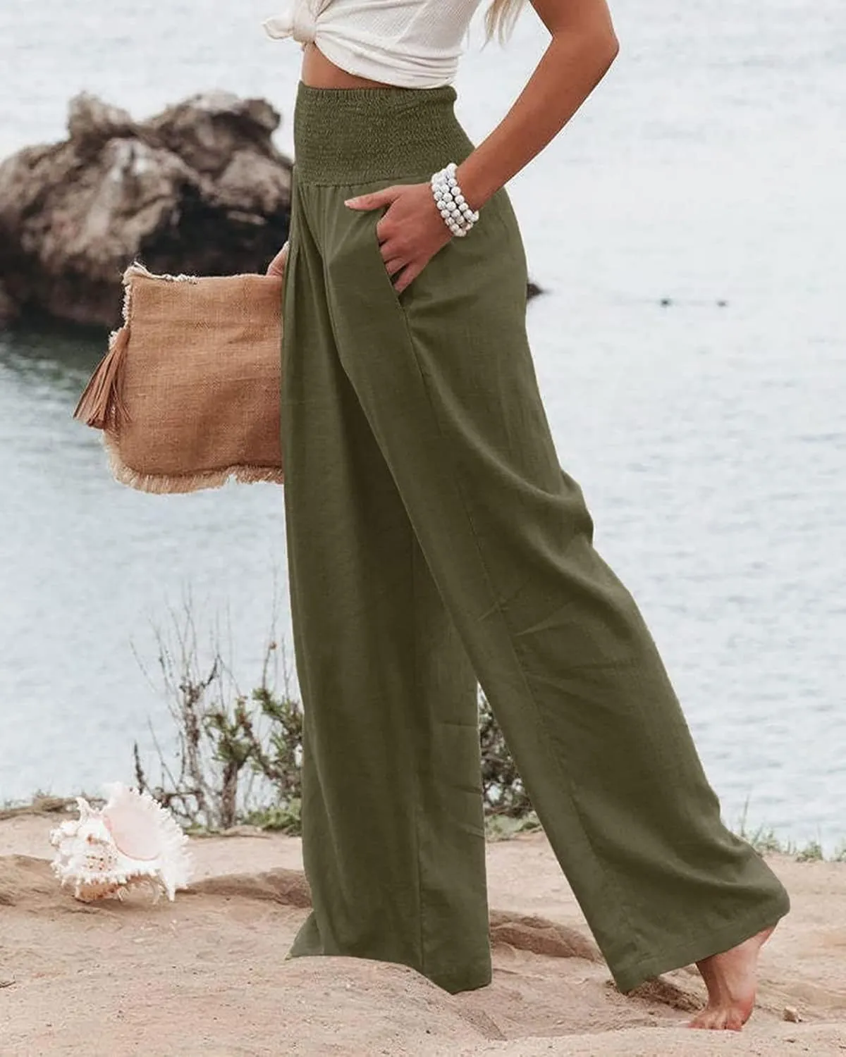Linen Palazzo Pants for Women High-Waisted Wide Leg Pant Beach Lounge Trousers Summer Casual Flowy Pants with Pockets