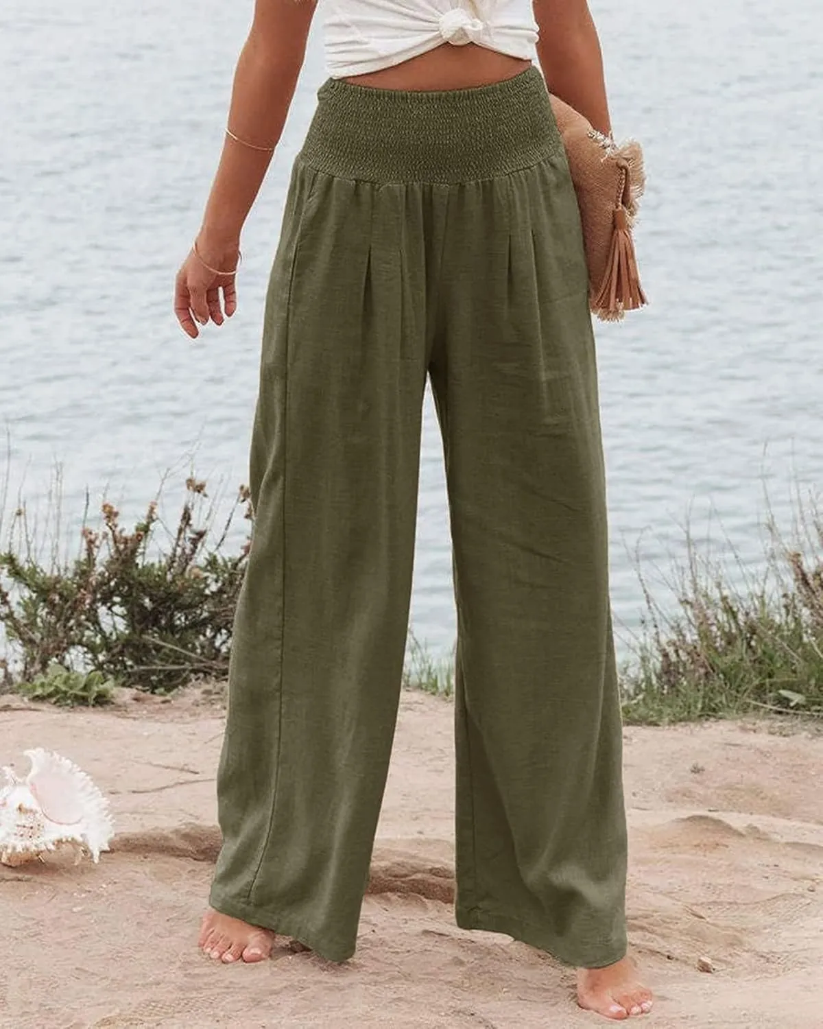 Linen Palazzo Pants for Women High-Waisted Wide Leg Pant Beach Lounge Trousers Summer Casual Flowy Pants with Pockets