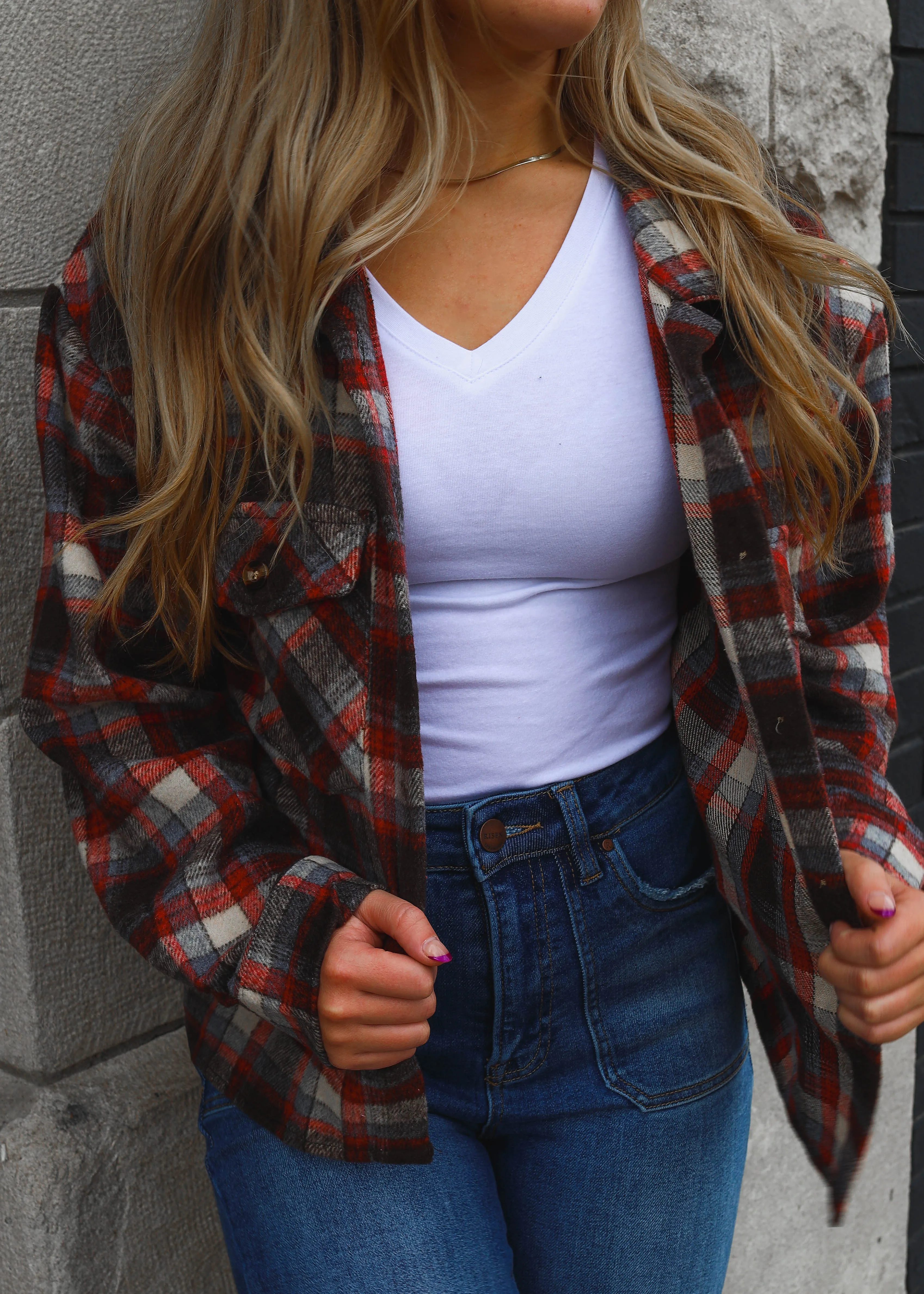 Long Sleeve Plaid  Wool Jacket