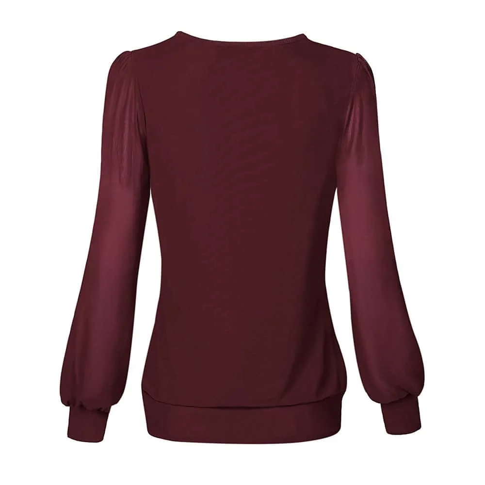 Long Sleeve Scoop Neck Pleated Front  Blouse