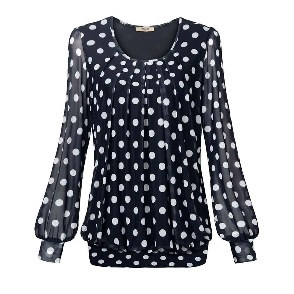 Long Sleeve Scoop Neck Pleated Front  Blouse