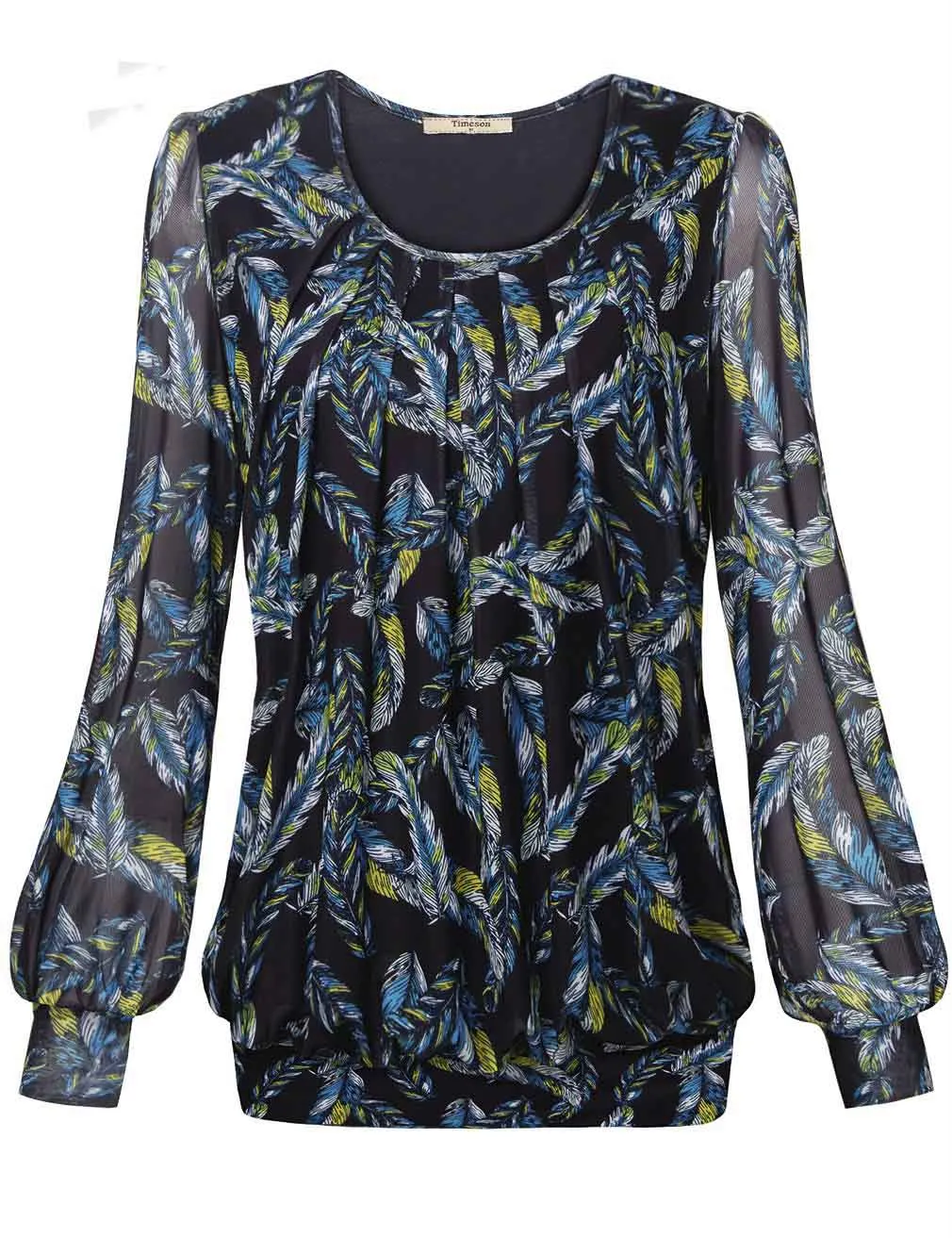 Long Sleeve Scoop Neck Pleated Front  Blouse