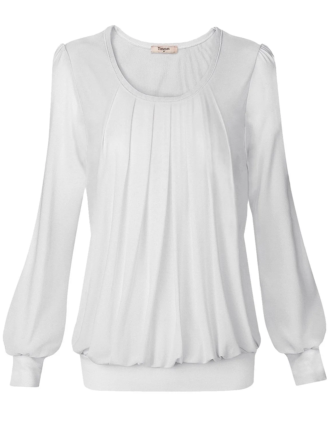Long Sleeve Scoop Neck Pleated Front  Blouse