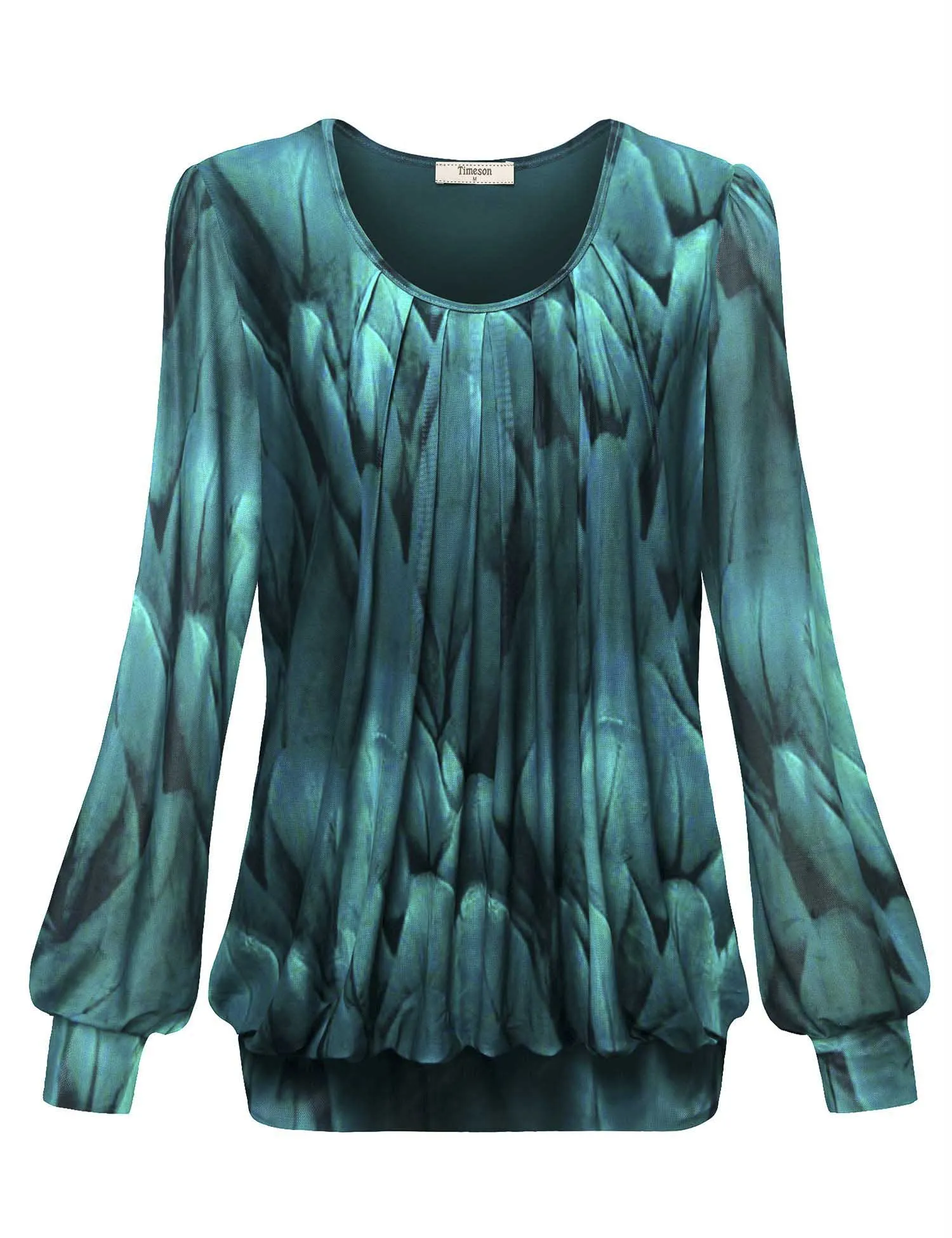 Long Sleeve Scoop Neck Pleated Front  Blouse