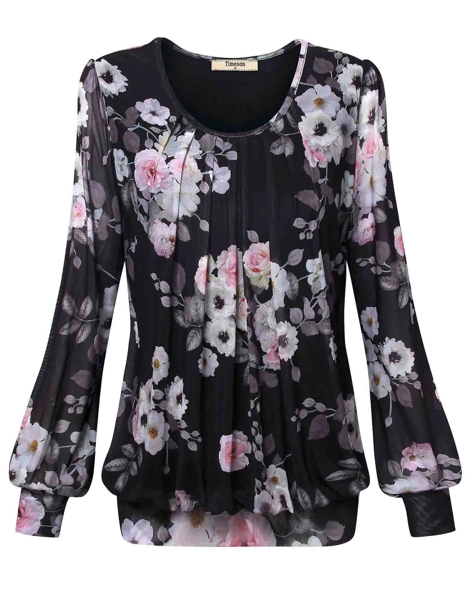 Long Sleeve Scoop Neck Pleated Front  Blouse