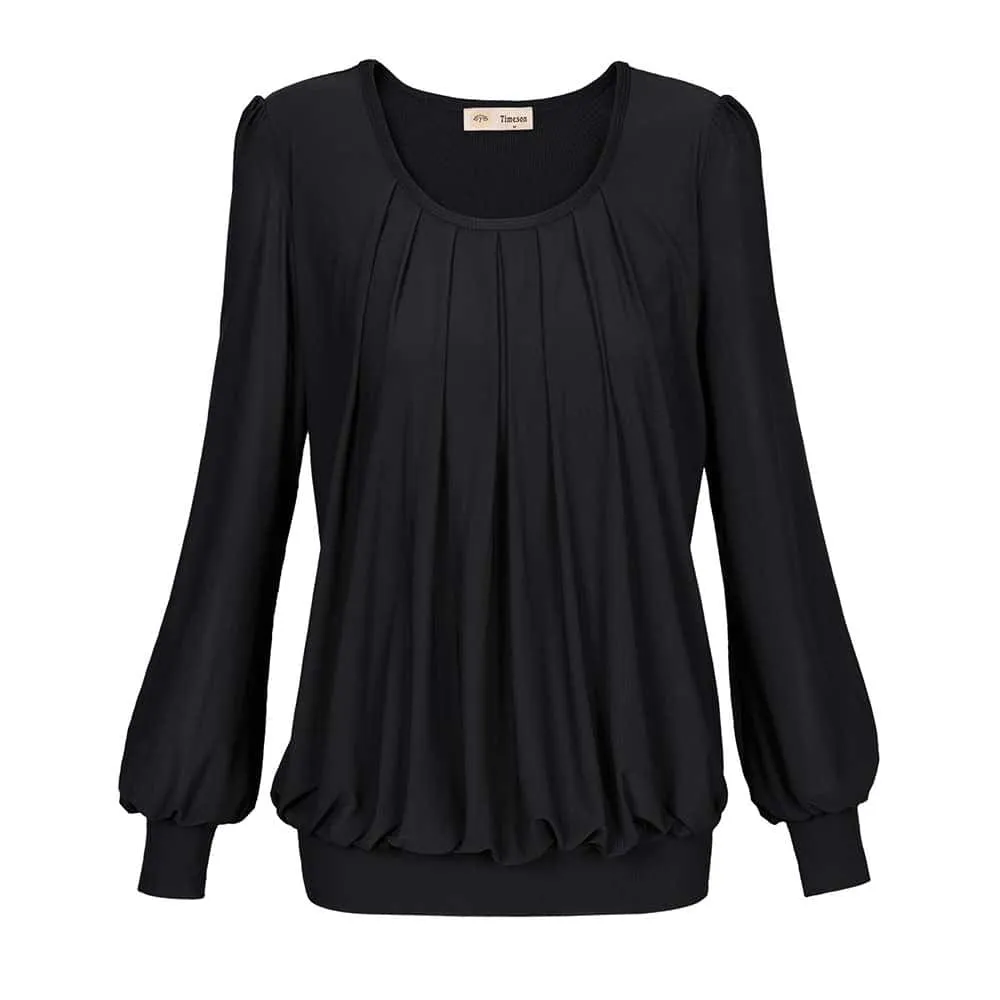 Long Sleeve Scoop Neck Pleated Front  Blouse