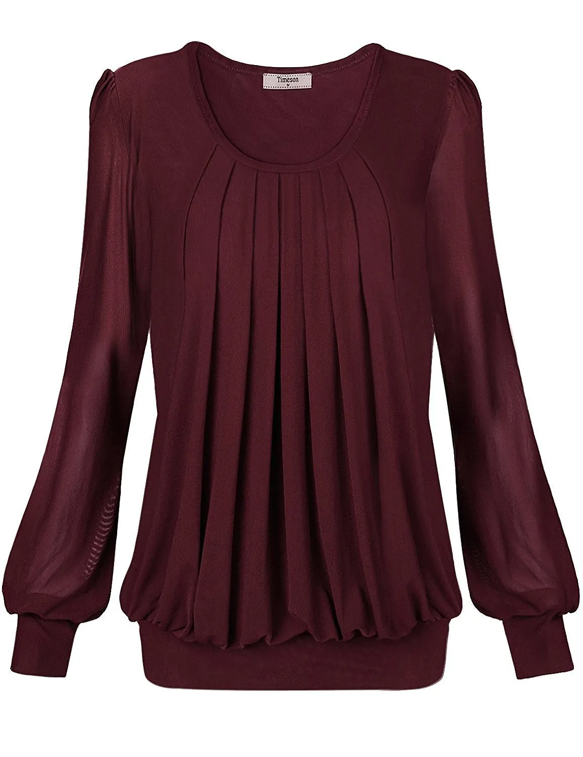 Long Sleeve Scoop Neck Pleated Front  Blouse
