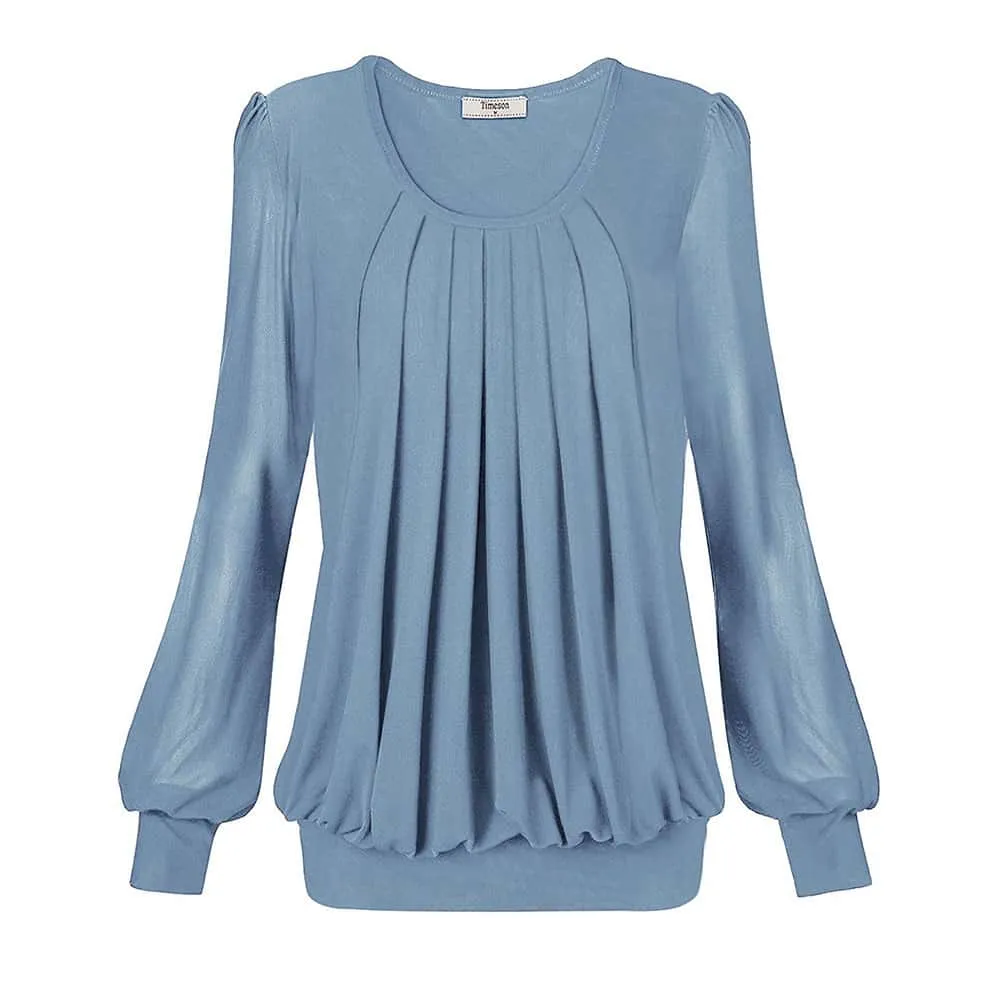 Long Sleeve Scoop Neck Pleated Front  Blouse