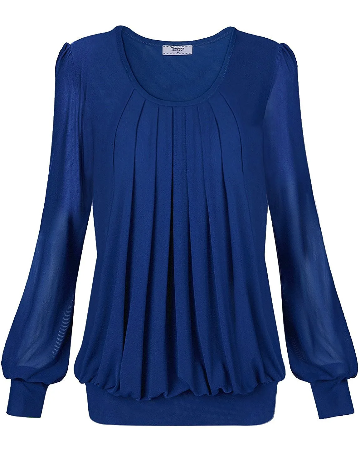 Long Sleeve Scoop Neck Pleated Front  Blouse
