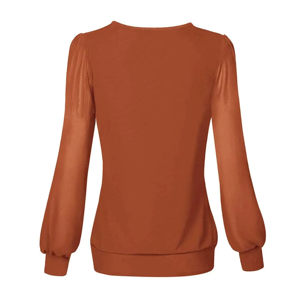 Long Sleeve Scoop Neck Pleated Front  Blouse