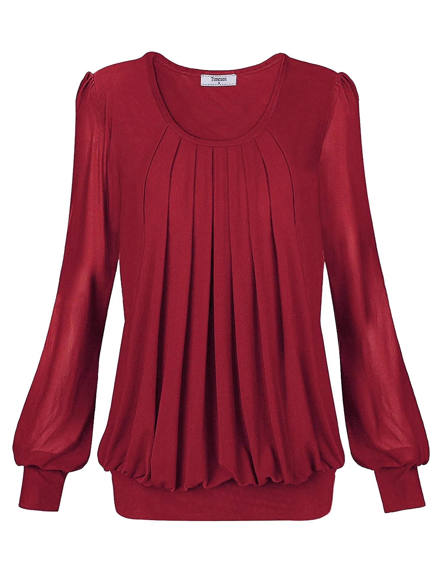 Long Sleeve Scoop Neck Pleated Front  Blouse