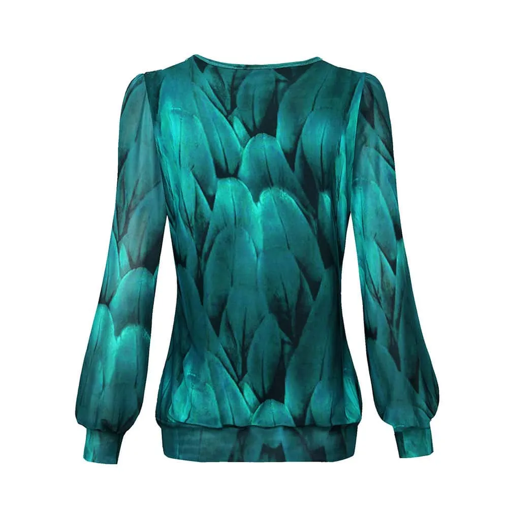 Long Sleeve Scoop Neck Pleated Front  Blouse