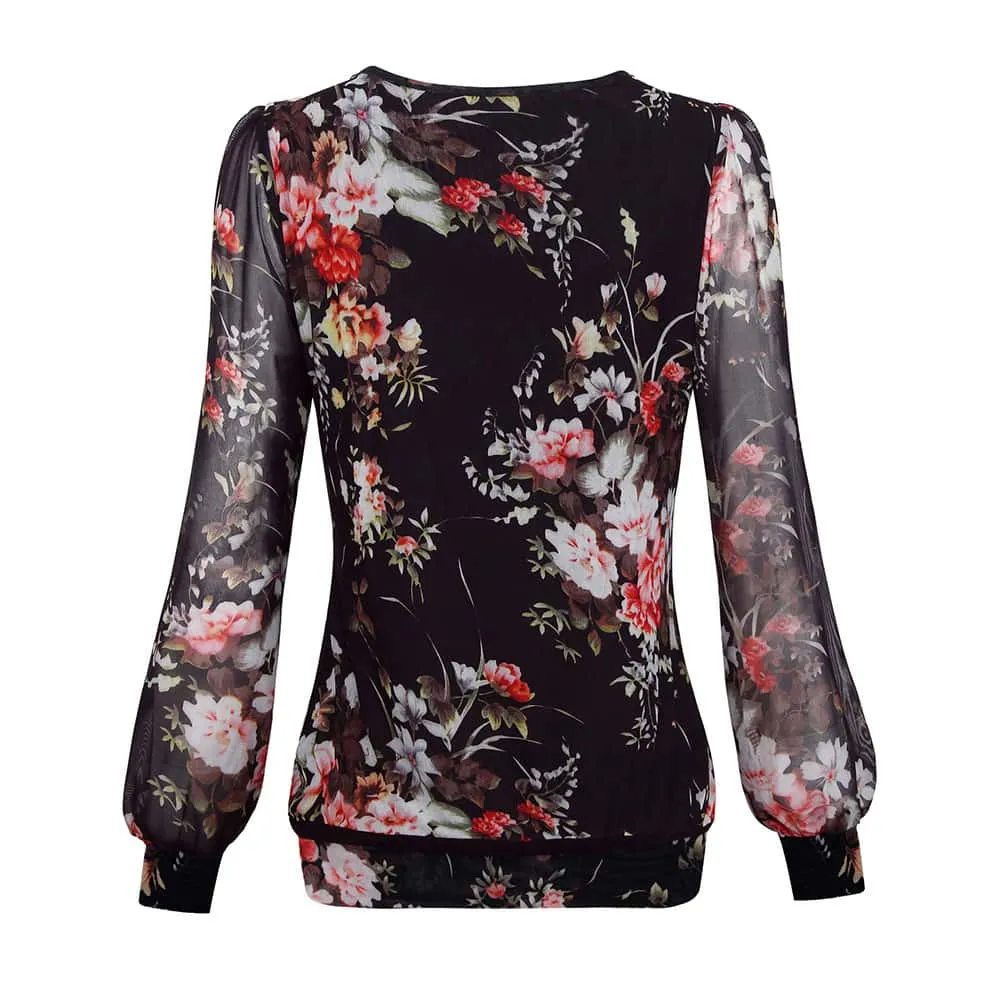 Long Sleeve Scoop Neck Pleated Front  Blouse
