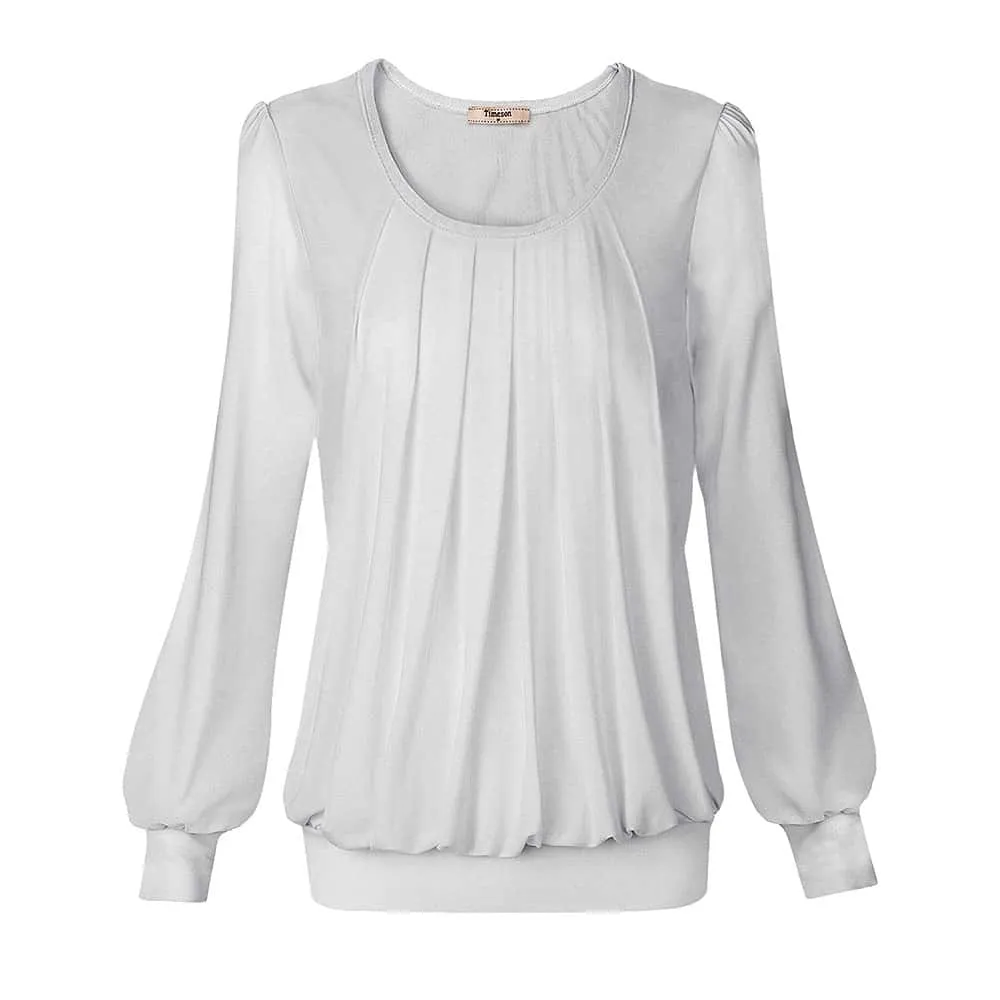 Long Sleeve Scoop Neck Pleated Front  Blouse