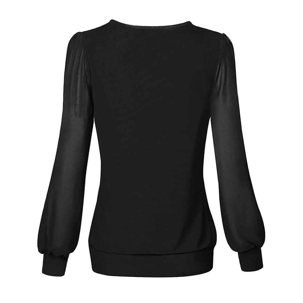 Long Sleeve Scoop Neck Pleated Front  Blouse