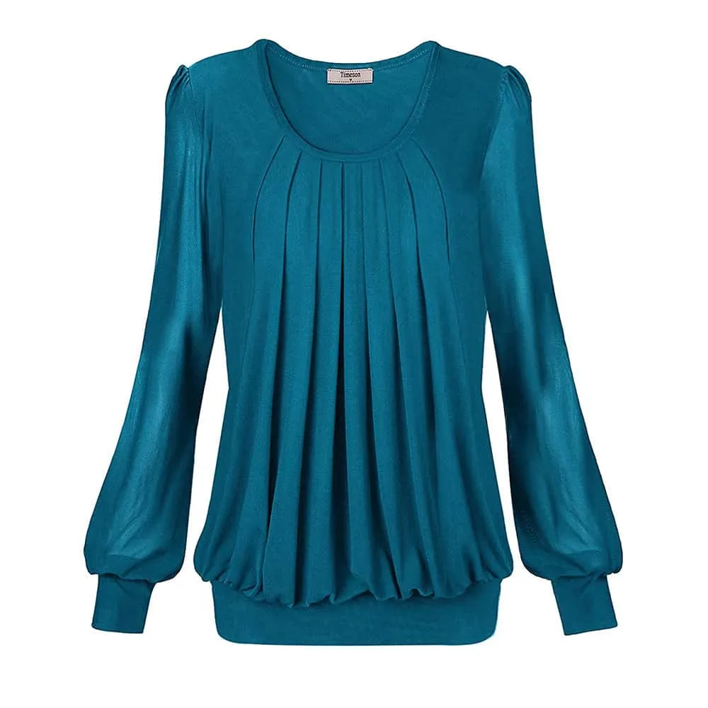 Long Sleeve Scoop Neck Pleated Front  Blouse