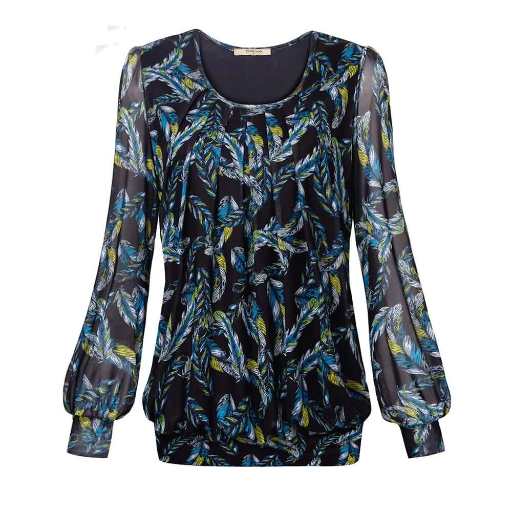 Long Sleeve Scoop Neck Pleated Front  Blouse