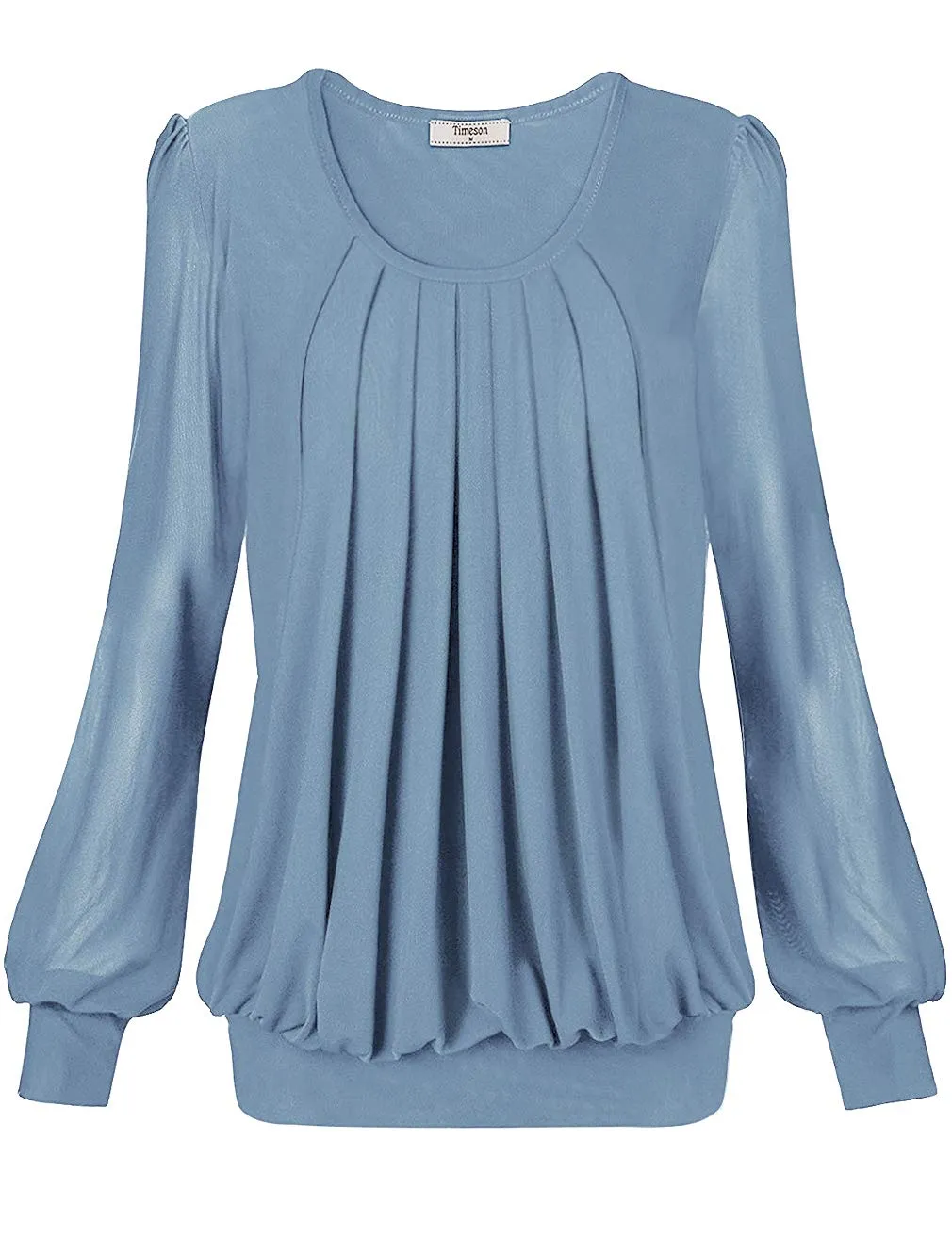 Long Sleeve Scoop Neck Pleated Front  Blouse