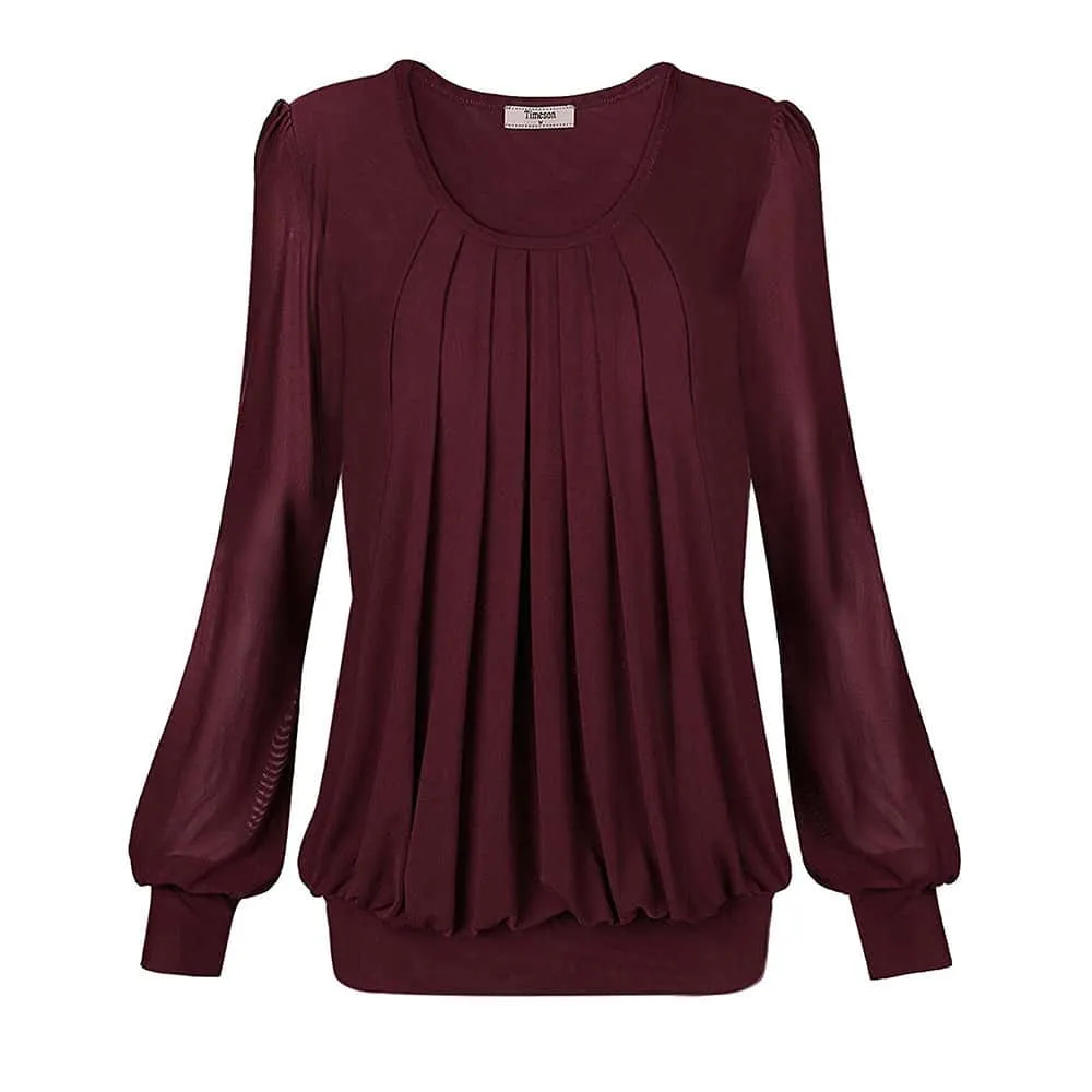 Long Sleeve Scoop Neck Pleated Front  Blouse